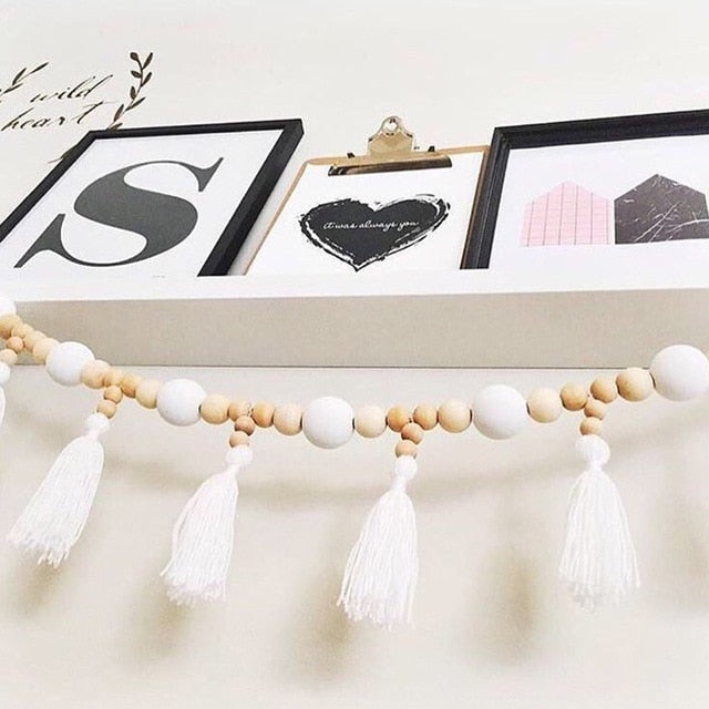 Nordic style colorful beads tassel wooden Wall Shelf Wall clapboard decoration Children room kids clothing store display stand