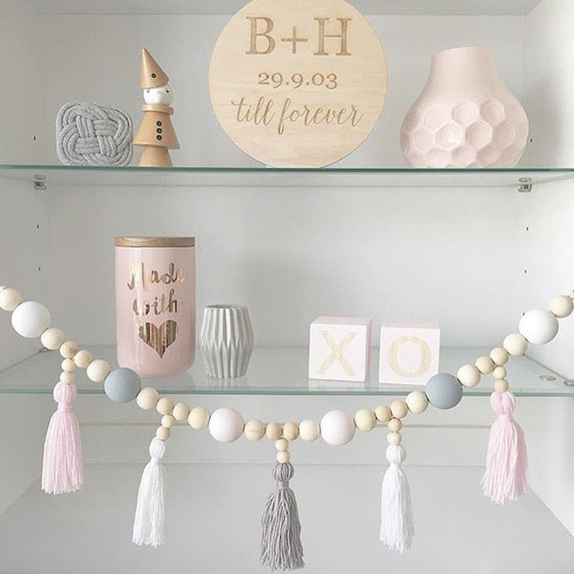 Nordic style colorful beads tassel wooden Wall Shelf Wall clapboard decoration Children room kids clothing store display stand