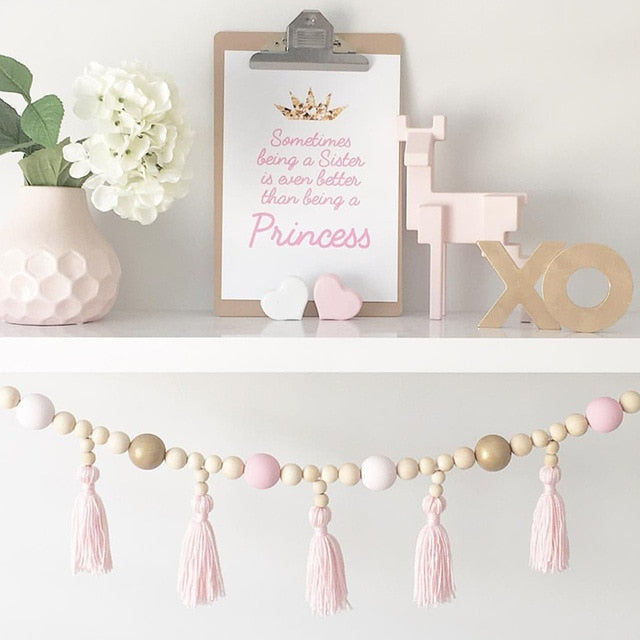 Nordic style colorful beads tassel wooden Wall Shelf Wall clapboard decoration Children room kids clothing store display stand