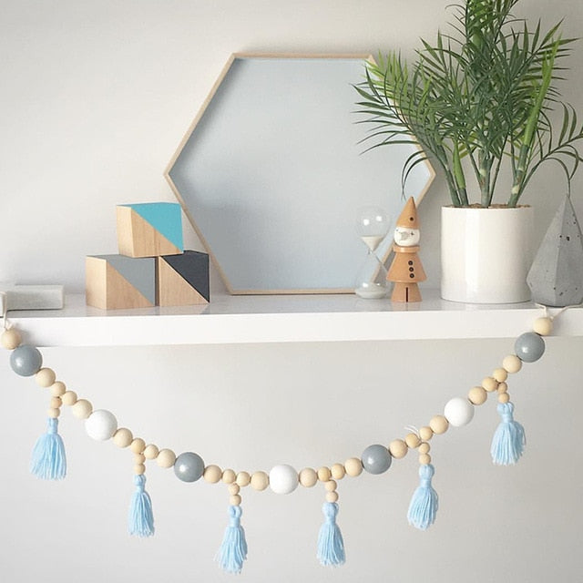 Nordic style colorful beads tassel wooden Wall Shelf Wall clapboard decoration Children room kids clothing store display stand